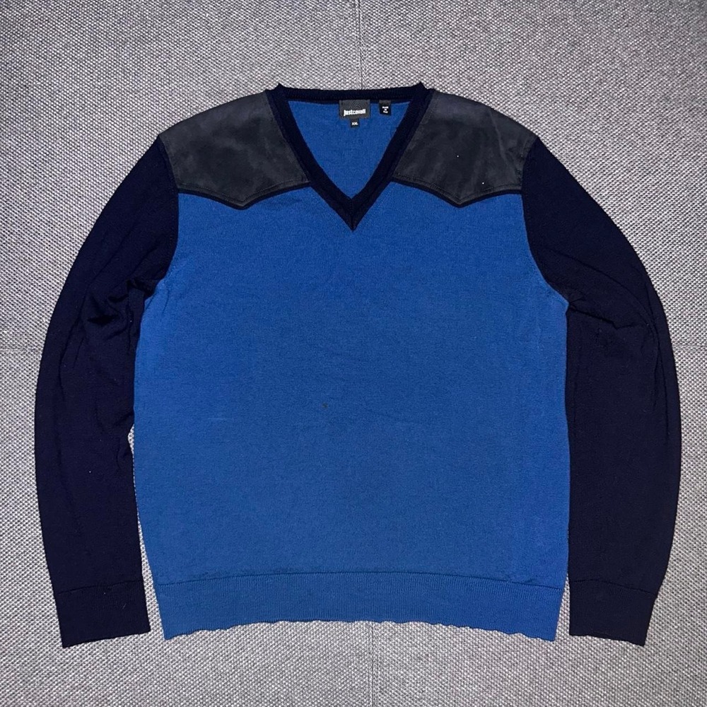 Just Cavalli 100% Wool Blue Pullover V-neck Sweater Size 2XL Italy Made